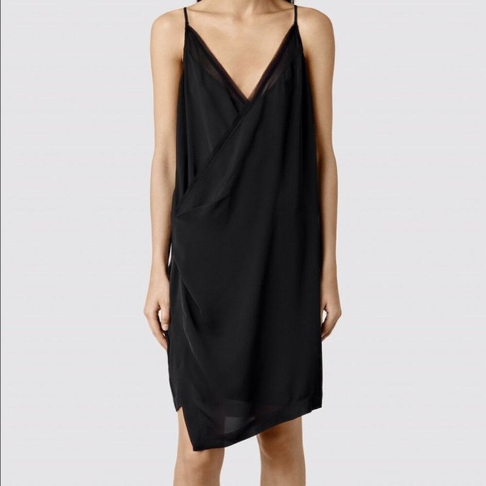 AllSaints Alize Ly Slip Dress Black Surplice V-Neck Draped Asymmetric SZ 8 US